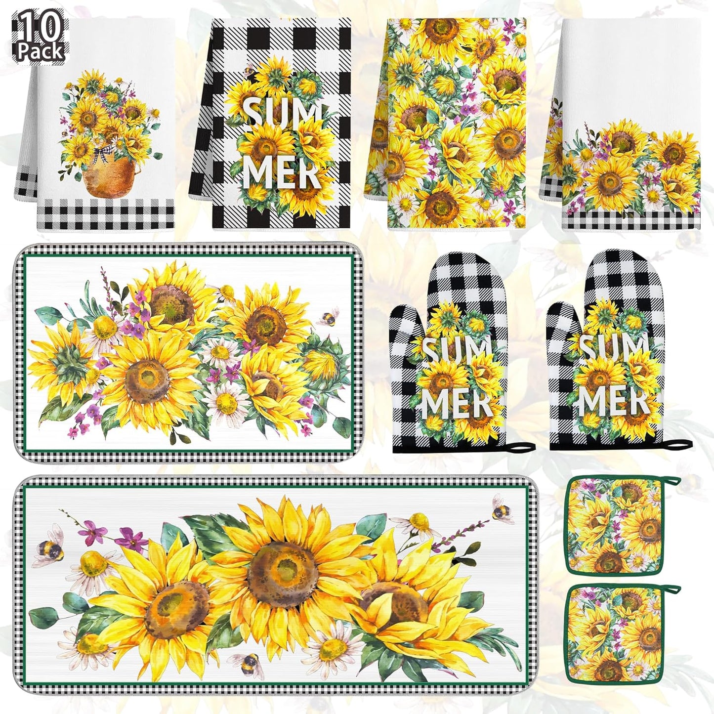 10 Pcs Sunflower Plaid Kitchen Decor and Accessories