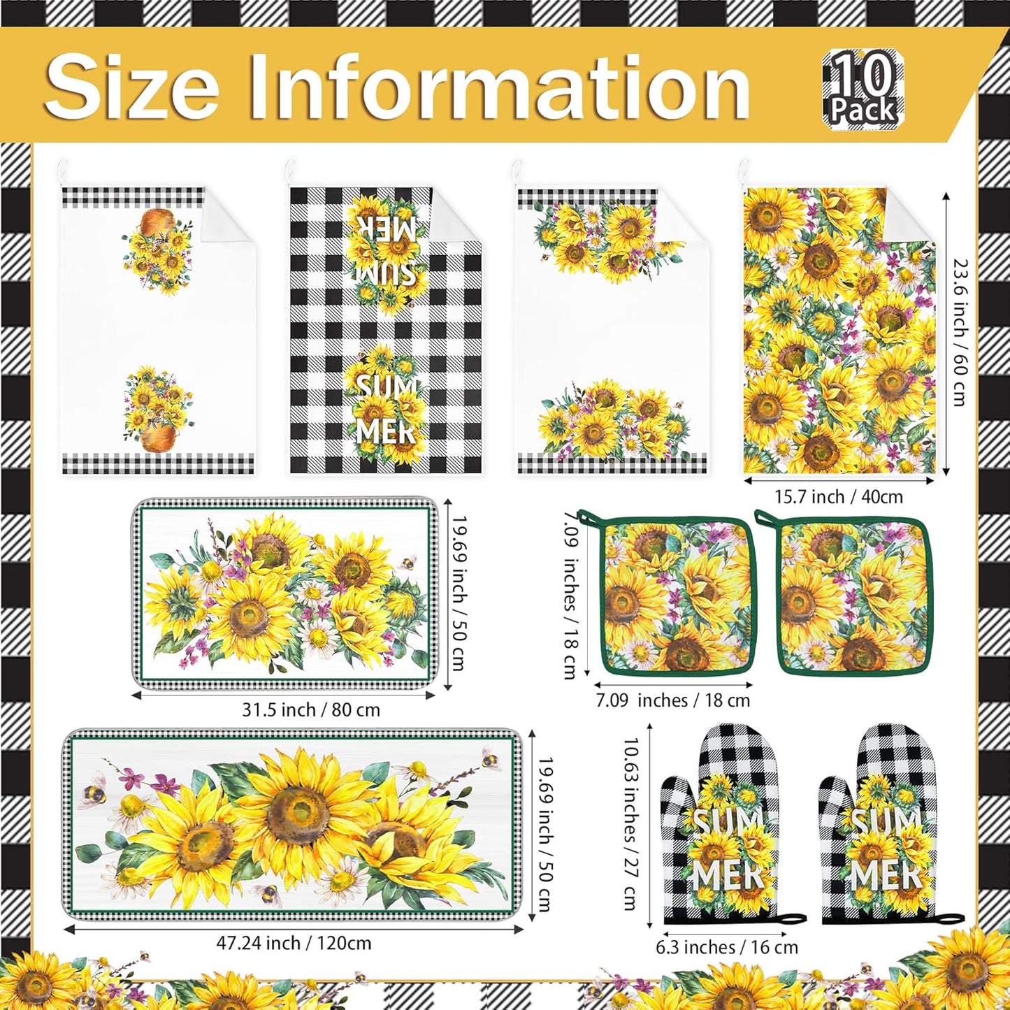 10 Pcs Sunflower Plaid Kitchen Decor and Accessories
