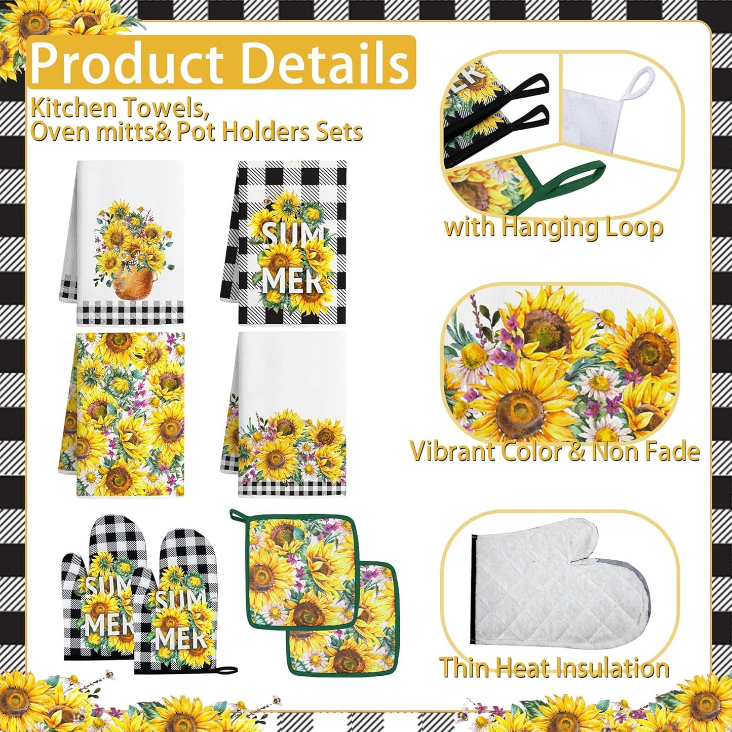 10 Pcs Sunflower Plaid Kitchen Decor and Accessories