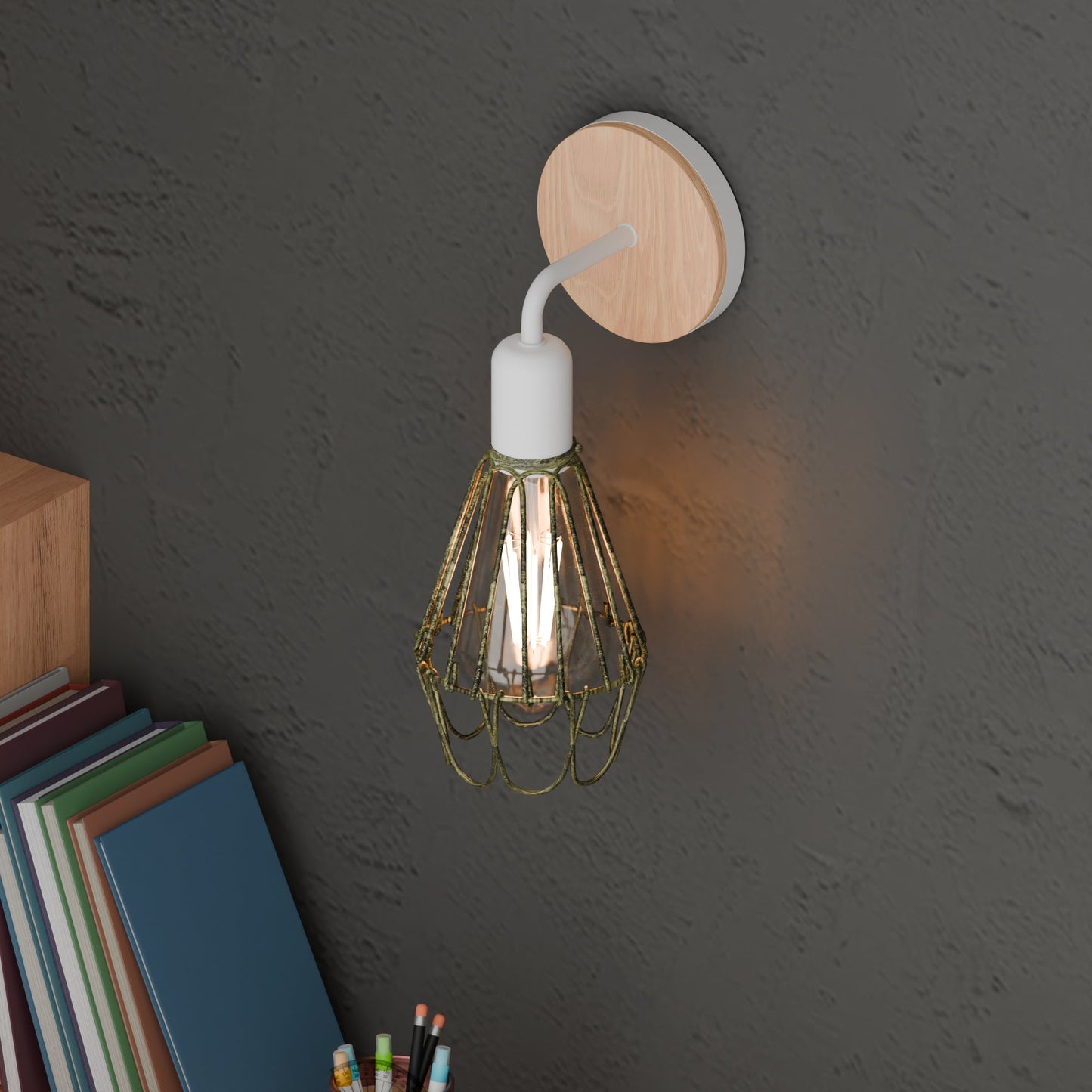 Caged Wall Sconce Lamp Lighting White Wooden Metal E27 Lamp ~6093